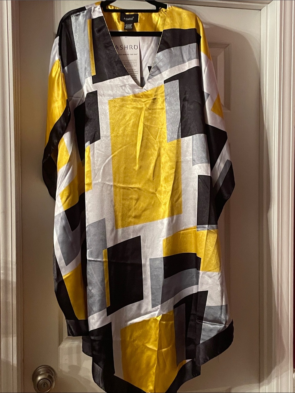 Ashro Yellow Black Gray Geometric V-Neck Tunic